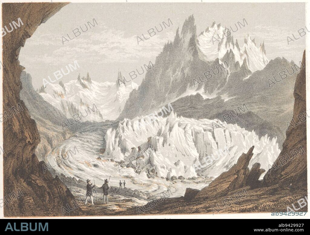 View of the Mer-de-Glace glacier near Les Bois and Les Tines Claciers des Bois, depuis les Tines Reminder of Chamonix-Mont-Blanc Museum du Mont-Blanc , print maker: Ad. Cuvillier, (mentioned on object), printer: Jacomme & Cie., (mentioned on object), publisher: Venance Payot, (mentioned on object), printer: Paris, publisher: Chamonix, 1858, paper, h 167 mm - w 240 mm.