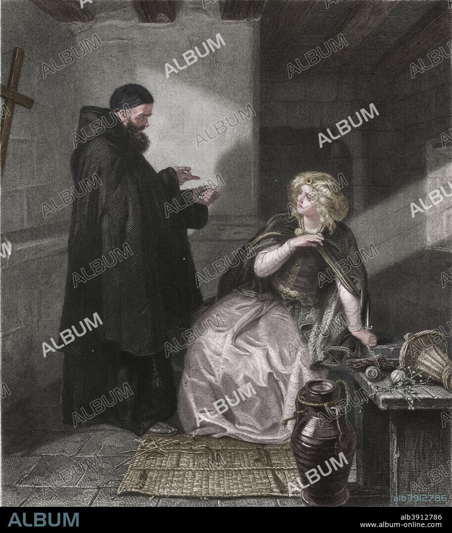 Juliet in the Cell of Friar Lawrence, 1867. After a work by Edward Matthew Ward  (1816-1879). From the 'Imperial Edition of The Works of Shakespere', published by Virtue and Company, London, 1873-76. (Colorised black and white print).