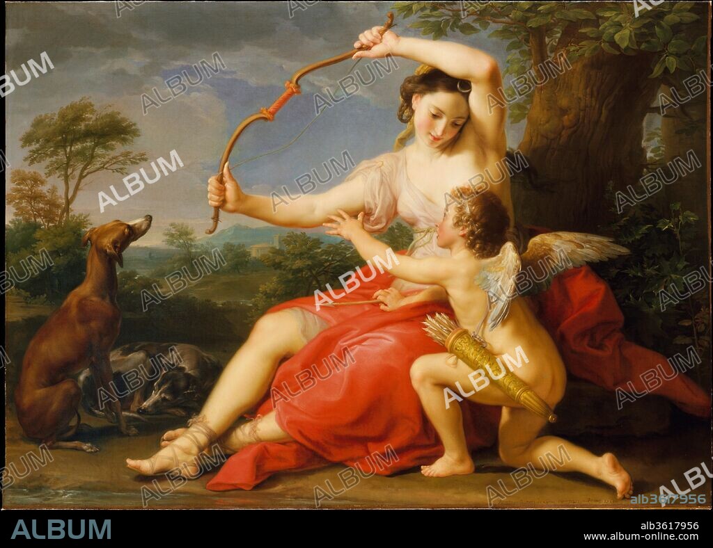Diana and Cupid. Artist: Pompeo Batoni (Italian, Lucca 1708-1787 Rome). Dimensions: 49 x 68 in. (124.5 x 172.7 cm). Date: 1761.
The picture was painted for Sir Humphrey Morice (1723-1785), son of a wealthy merchant and director of the Bank of England. Morice was a great animal lover and commissioned from Batoni a portrait of himself reclining in the Roman countryside after the hunt as a pendant to this picture, which shows the goddess of the hunt withholding the bow from Cupid. The picture was considered the finest Batoni had ever painted. The figure of Diana is based on the celebrated ancient statue of the sleeping Ariadne in the Vatican, which Batoni has invested with extraordinary warmth and feeling.