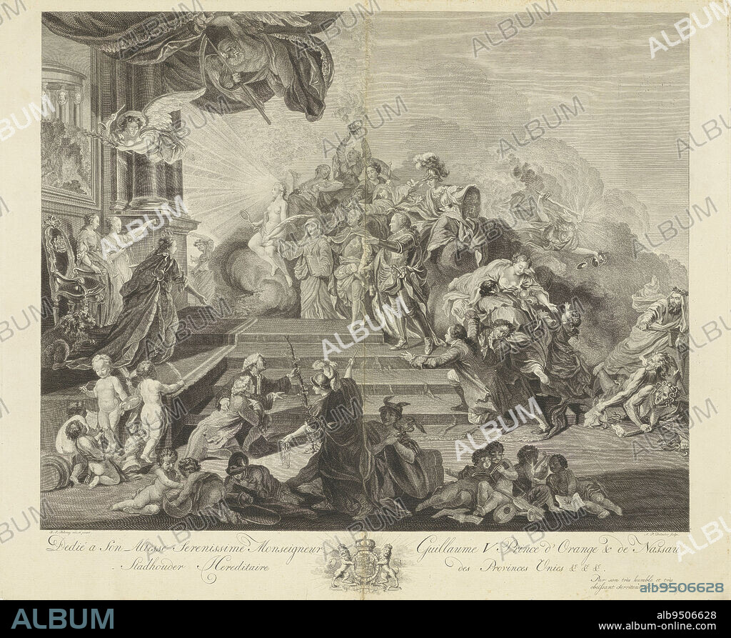 Allegory of the acceptance of the stadtholdership by Prince William V, 1766, Antoine P. Duboulois, after Benjamin Samuel Bolomey, 1766, Allegory of the acceptance of the stadtholdership by Prince William V upon his coming of age on March 8, 1766. The prince is led by his mentor, the Duke of Brunswick, to the seat of stadtholdership. The prince is accompanied by Piety and Truth, at the throne wait Justice, Prudence and the Dutch Virgin. On the right, the Angel of God chases away Discord, Fanaticism and Heresy. In the foreground, geniuses play with the symbols of arts and sciences. An explanatory text sheet accompanies the print (see RP-P-OB-85.628A)., paper, etching, engraving.