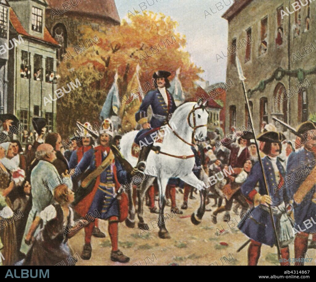 Entry of Prince Leopold I into Dessau after the War of the Spanish Succession Spanish Succession, 1712, (1936). 'Einzug Des Fürsten Leopold I In Dessau Nach Beendigung Des Spanischen Erbfolgekrieges, 1712'. Leopold I, Prince of Anhalt-Dessau (1676-1747) of the House of Ascania was ruler of the principality of Anhalt-Dessau in Germany from 1693 to 1747. He was also a Generalfeldmarschall in the Prussian army. Nicknamed 'the Old Dessauer' (der alte Dessauer), he possessed good abilities as a field commander, but was mainly remembered as a talented drillmaster who modernized the Prussian infantry. From "Bilder Deutscher Geschichte", (Pictures of German History), No.12, cigarette card album. [Cigaretten-Bilderdienst, Altona-Bahrenfeld, Hamburg, Germany, 1936].