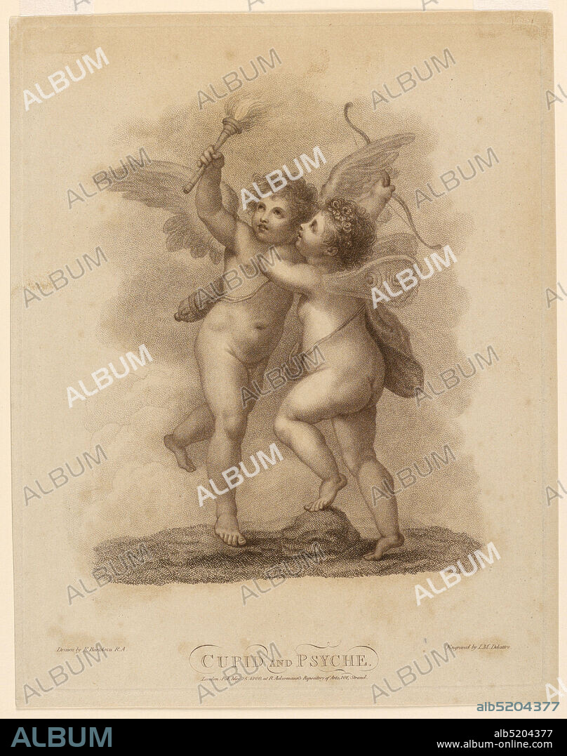 Cupid and Psyche, Francesco Bartolozzi, Italian, active England, 17271815, Jean Marie Delattre, French, active England, ca. 1742 - ca. 1840, Ackermanns, London, England, Engraving in brown ink on white paper, Cupid, left, holds a torch high in his right hand, Psyche, with one foot on a rock attempts to reach it. Cupid's bow is in his other hand., England, 1800, Print, Print.
