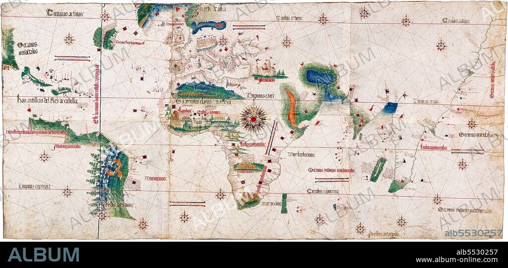 The Cantino planisphere (or Cantino World Map) is the earliest surviving map showing Portuguese geographic discoveries in the east and west. It is named after Alberto Cantino, an agent for the Duke of Ferrara, who successfully smuggled it from Portugal to Italy in 1502. The map is particularly notable for portraying a fragmentary record of the Brazilian coast, discovered in 1500 by the Portuguese explorer Pedro Álvares Cabral, and for depicting the African coast of the Atlantic and Indian Oceans with a remarkable accuracy and detail. It was valuable at the beginning of the sixteenth century because it showed detailed and up-to-date strategic information in a time when geographic knowledge of the world was growing at a fast pace. It is important in our days because it contains unique historical information about the maritime exploration and the evolution of nautical cartography in a particularly interesting period. The Cantino planisphere is the earliest extant nautical chart where places (in Africa and parts of Brazil and India) are depicted according to their astronomically observed latitudes.
