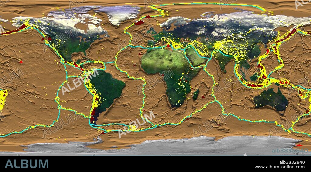 Crustal Dynamics showing earthquakes, plate boundaries, and volcanoes simultaneously. Produced for the Smithsonian Institution's HoloGlobe Exhibit which opened to the public on August 10, 1996 at the Museum of Natural History in Washington, DC. The various data sets show progressive global change mapped onto a rotating globe and projected into space to create a holographic image of the Earth. The exhibit shows that Earth's atmosphere, hydrosphere, geosphere, and biosphere are dynamic, changing on timescales of days, minutes, or even seconds.
