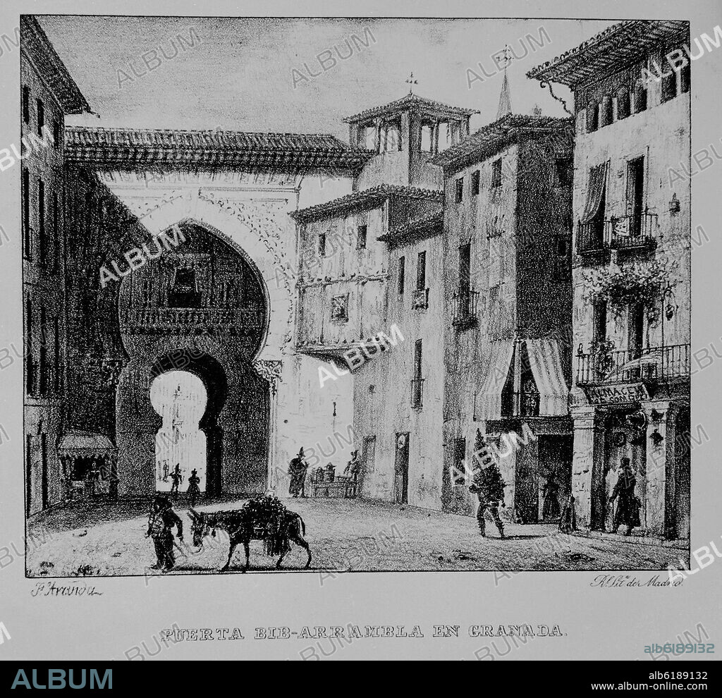 FRANCISCO ARANDA Y DELGADO. PUERTA BIB-ARRAMBLA EN GRANADA - GRABADO SIGLO XIX.
