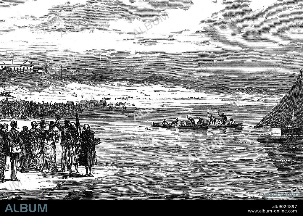 Illustration depicting Matthew Webb (1848-1883) the first recorded person to swim the English Channel without the use of aids, arriving in Calais. Dated 19th Century.