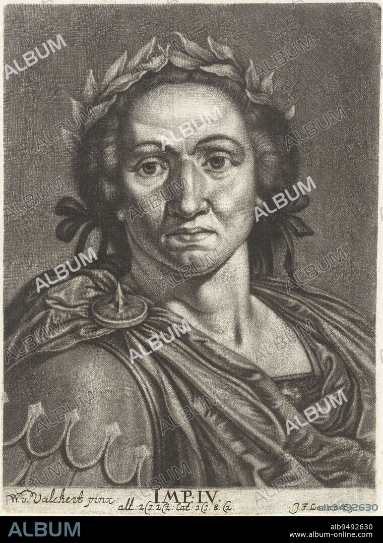 Portrait of Emperor Caligula, Johann Friedrich Leonard, after Werner van den Valckert, 1643 - 1680, print maker: Johann Friedrich Leonard, (mentioned on object), Werner van den Valckert, (mentioned on object), 1643 - 1680, paper, engraving, h 173 mm × w 127 mm.
