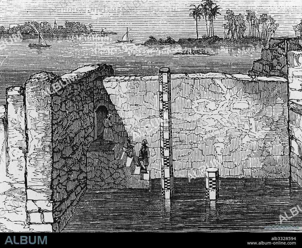 Nilometer. Remains of an ancient device for measuring the annual inundation of the Nile. The annual flooding of the river 'was vitally important to Egypt because it governed the fertility of the soil and could mean the difference between an abundance and starvation. Illustration published Paris; circa 1885.