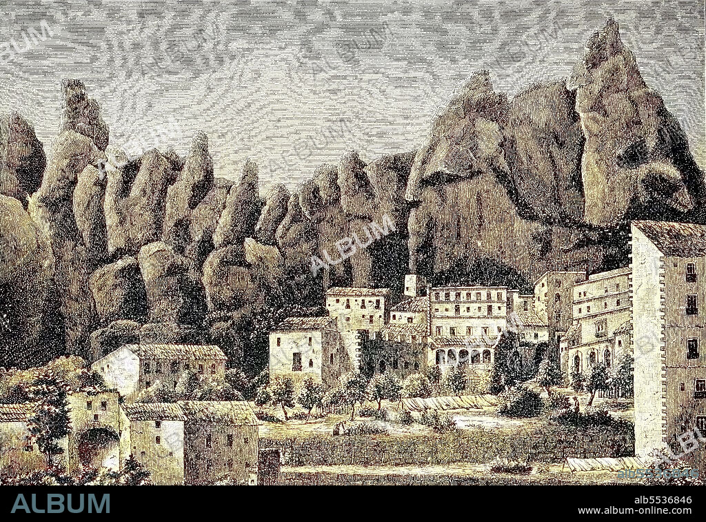 Santa Maria de Montserrat, a Benedictine abbey located on the mountain of Montserrat, in Monistrol de Montserrat, in Catalonia, Spain. Kloster Montserrat, Spanien, digital improved reproduction of an original print from the year 1881, Koloriert, Kolorierung, koloriert, handkoloriert, Hand-colouring, hand coloured, colored.