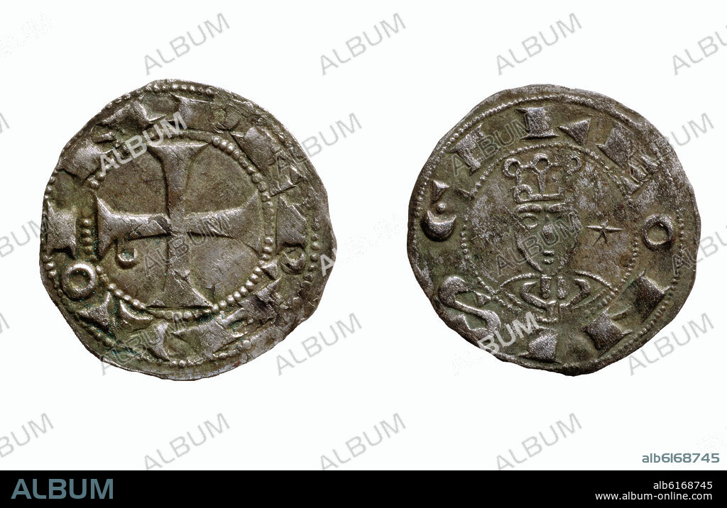 MONEDA DEL REINADO DE ALFONSO VII - VELLON DE LEON - ANVERSO (IZQUIERDA) Y REVES (DERECHA).