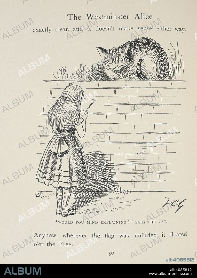SAKI and FRANCIS CARRUTHERS GOULD. Alice in a fog. â€œWould you mind explainingâ€, said the Cat. The Westminster Alice ... Illustrated by F. Carruthers Gould. London : Westminster Gazette, 1902. Source: 12332.ff.15 page 50.