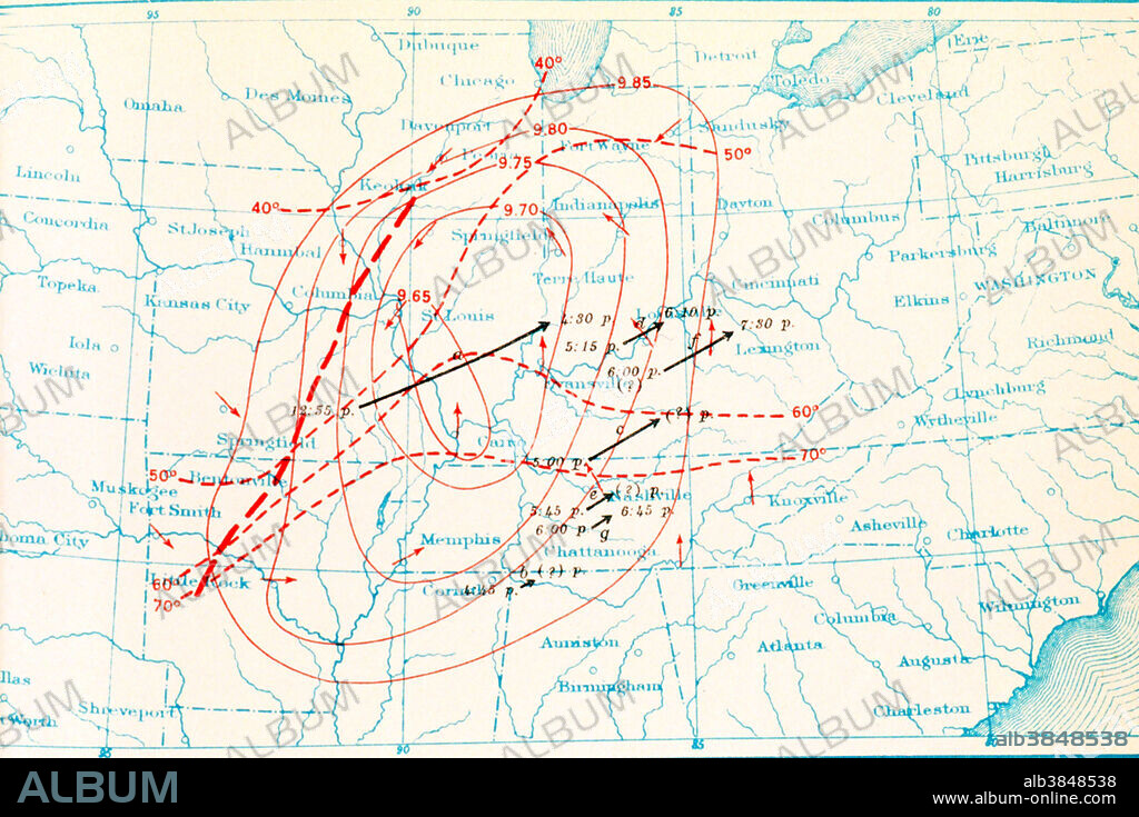 Map showing weather situation and storm track of Tri-State Tornado. Black line is tornado track. The Tri-State Tornado was the longest-lived and had the longest path of any recorded tornado. It travelled over 300 miles from SE Missouri to Indiana and killed over 600. Missouri, Illinois, Indiana, March 18, 1925.
