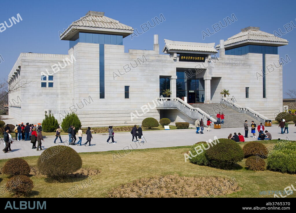 Visitors at the Charriots Exhibition Hall, Qin Museum, Xian, China.