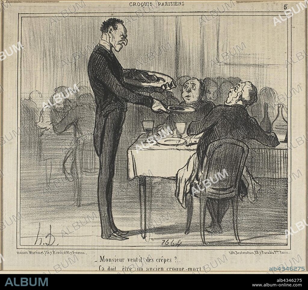 Would Monsieur like some crêpes?.., He must have been an undertaker, plate five from Croquis Parisiens (Parisian Sketches), published May 9, 1855, Honoré Victorin Daumier (French, 1808-1879), published by Le Charivari (French, 1832-1915), France, Lithograph on cream wove paper, 235 × 240 mm (image), 250 × 360 mm (sheet).