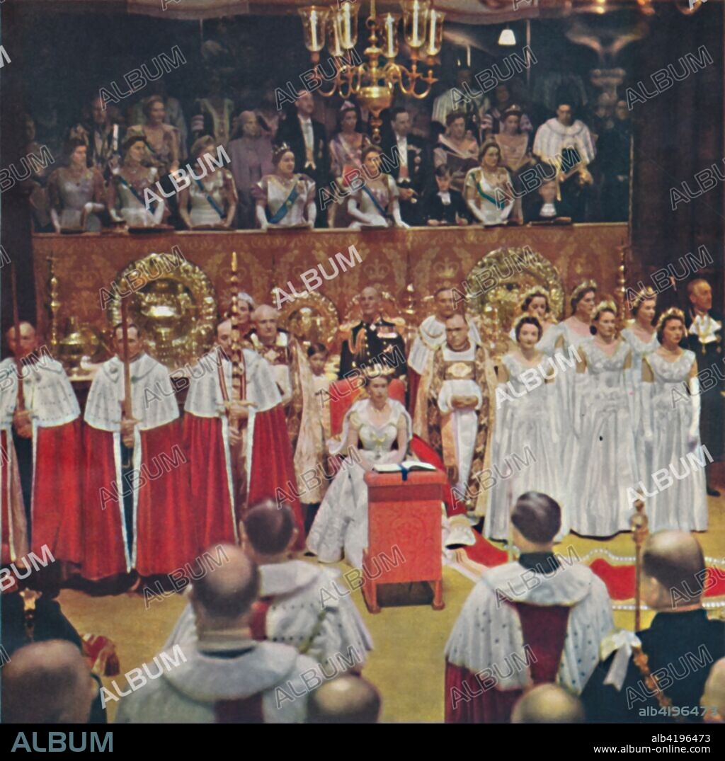'The Queen, after her entry into the Abbey Church of Westminster, is seated in her Chair of Estate', 1953. Elizabeth II (born 1926), Queen of the United Kingdom and the other Commonwealth realms, was crowned on 2 June 1953 at Westminster Abbey in London. From The Queen Elizabeth Coronation Souvenir. [London, 1953].