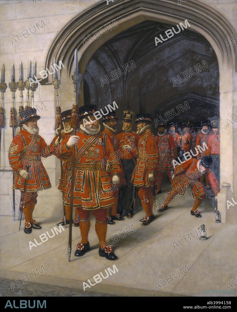 'The Yeomen of the Guard searching the crypt of the Houses of Parliament', 1894. The famous London 'Beefeaters' in their Tudor uniform. This ceremony, which takes place annually at the opening of the Parliamentary session, was initiated after the failed Gunpowder plot of Guy Fawkes and his fellow conspirators.