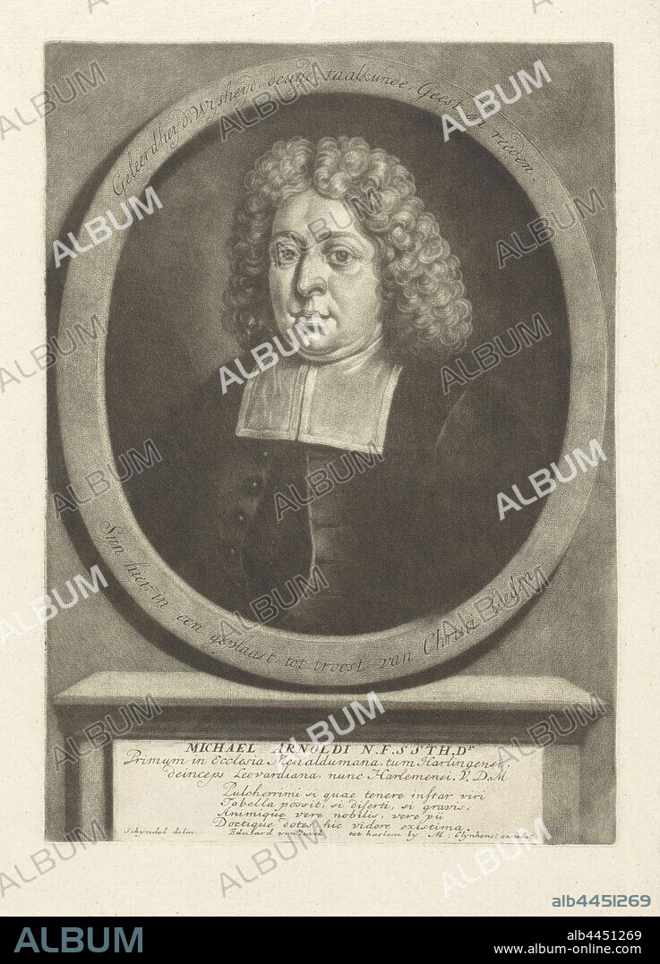 Portrait of the theologian Michael Arnoldi, Michael Arnoldi, Jacob Gole (mentioned on object), Amsterdam, 1670 - 1724, paper, engraving, h 265 mm × w 190 mm.