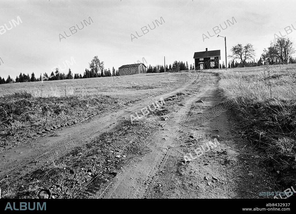 ÅTTONTRÄSK 1969.. Väg och stuga i Åttonträsk, Lycksele komun.. Foto: Ulf Stråhle / RiR / SVT / Kod: 5600. Bild och reportage publ. i RiR 45/69 sid. 14-16 inför ett radioprogram. RiR 19646 sv/v neg . Landsbygd Exteriör.