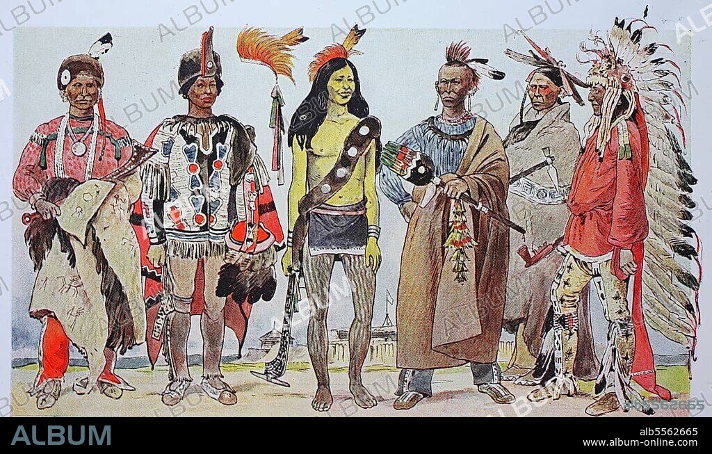 Clothing, fashion in North America, Indians, from left, an Iowa chief with beaver cap and feather, then a Saki chief, then a young Sioux, then an Indian in white clothing, then a chief, and a Pawnee chief, digitally restored reproduction of a 19th century original