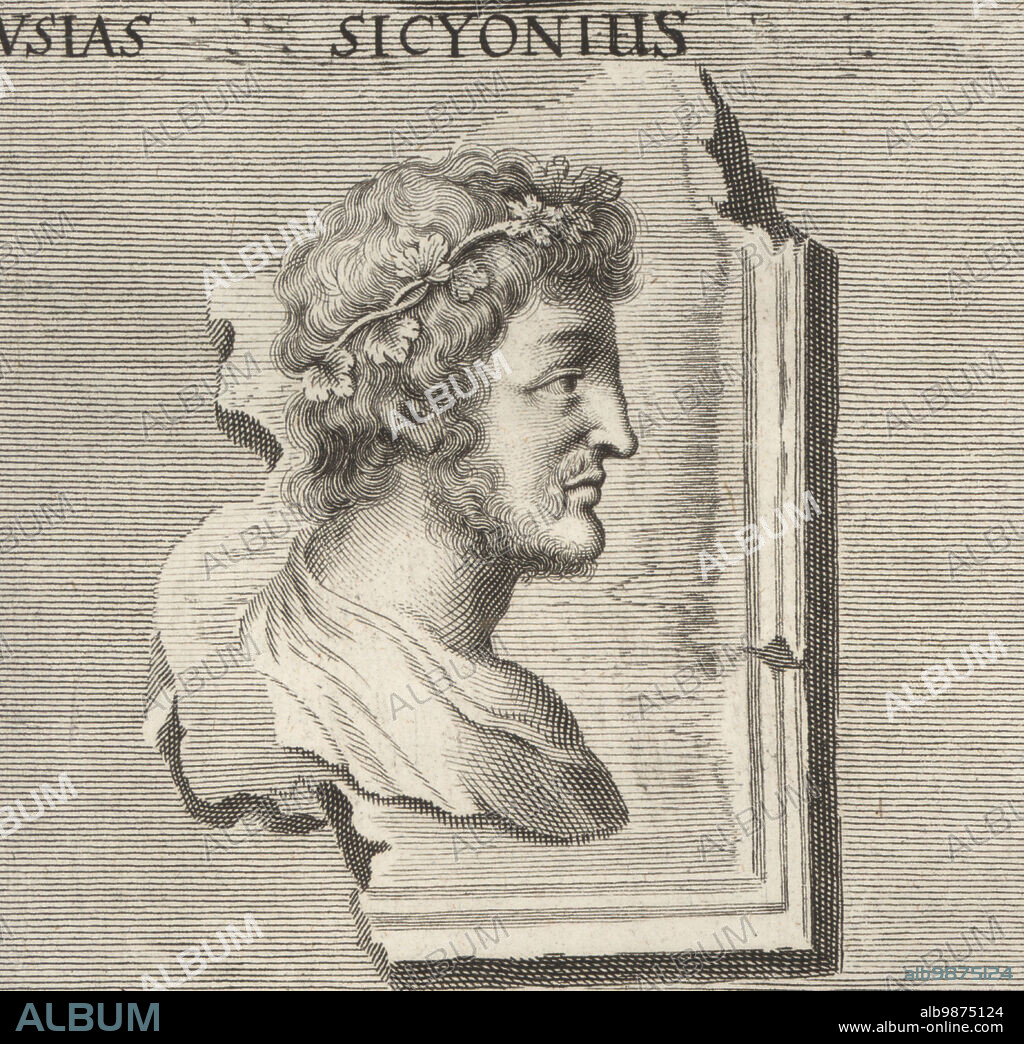 Pausias, ancient Greek painter of the school of Sicyon, 4th century BC. Pausias Sicyonius. Copperplate engraving by Philipp Kilian after an illustration by Joachim von Sandrart from his LAcademia Todesca, della Architectura, Scultura & Pittura, oder Teutsche Academie, der Edlen Bau- Bild- und Mahlerey-Kunste, German Academy of Architecture, Sculpture and Painting, Jacob von Sandrart, Nuremberg, 1675.