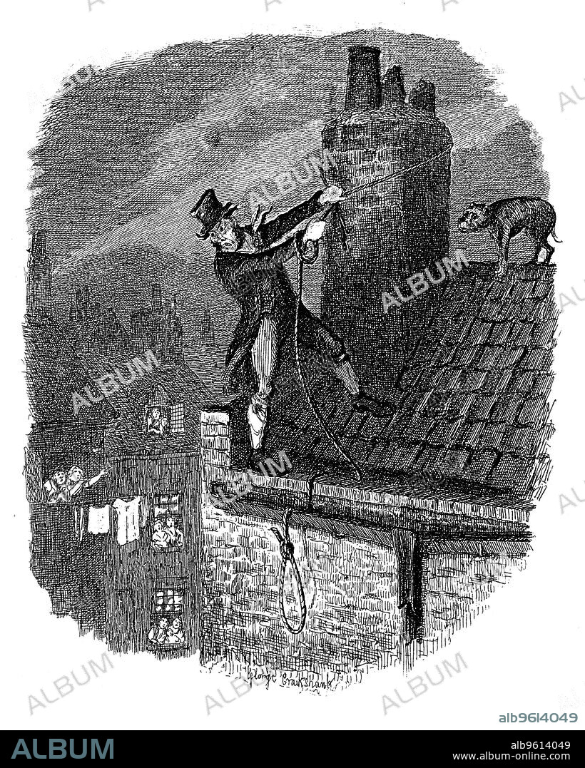 GEORGE CRUIKSHANK. Scene from Oliver Twist by Charles Dickens, 1837. 'The Last Chance'. Bill Sykes, having murdered Nancy, attempts to escape from the law over the rooftops, falls and hangs himself with his own rope, watched by his faithful dog. From Oliver Twist by Charles Dickens. (London, 1837-1838).