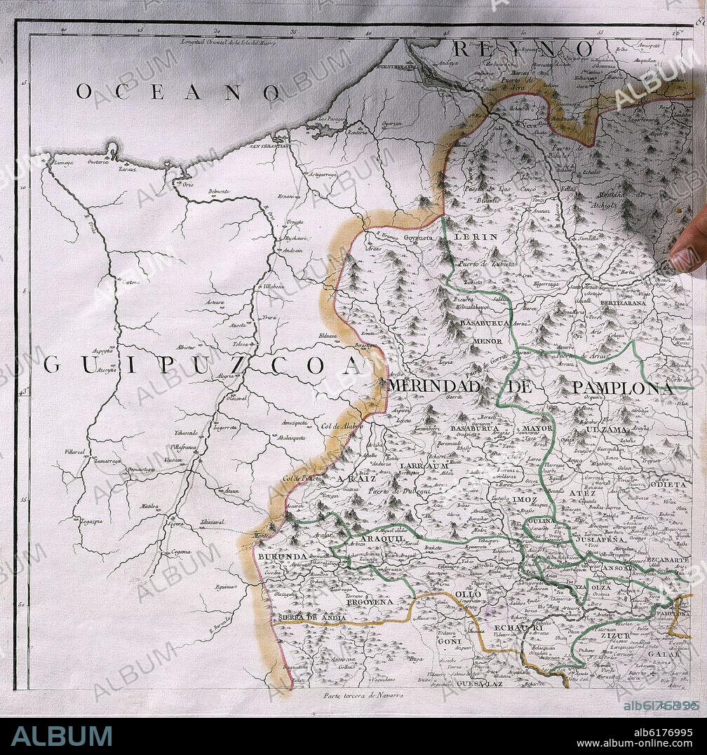 LOPEZ TOMAS. MANO SEÑALANDO EL PUEBLO DE ORONOZ EN UN MAPA DEL REINO DE NAVARRA - 1772 - (PARTE TERCERA).