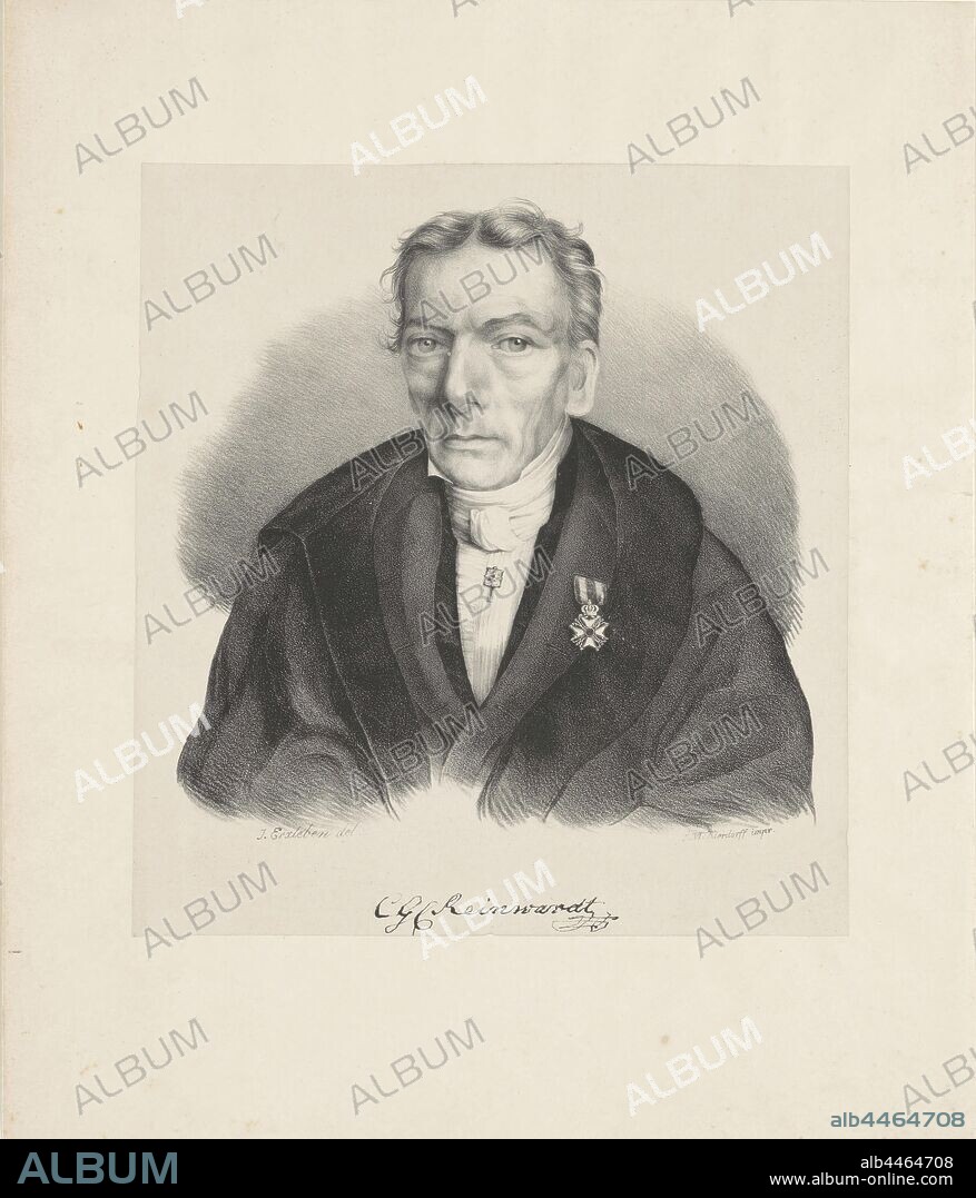 Portrait of Caspar Georg Carl Reinwardt, The subject wearing a gown, knightly order and tie pin. Under the portrait are signature, historical persons ((full) bust portrait), knighthood order, pin, Caspar Georg Carl Reinwardt, James Erxleben (mentioned on object), Leiden, c. 1830 - c. 1890, paper, h 363 mm × w 310 mm.