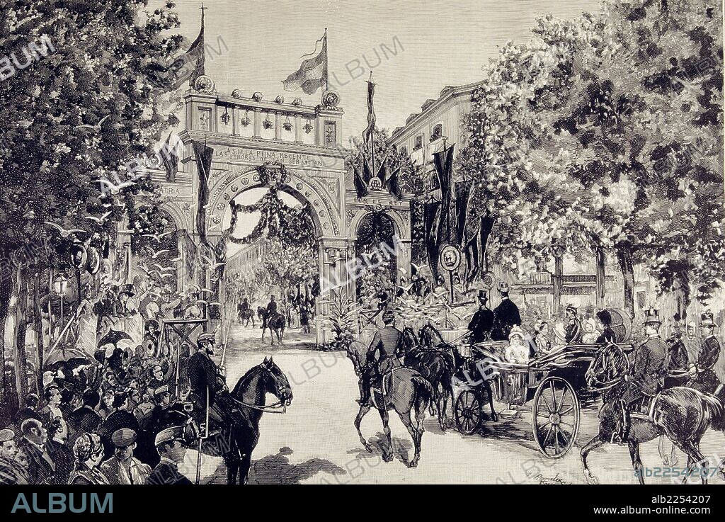 MARIA CRISTINA DE HABSBURGO. REINA DE ESPAÑA Y REGENTE.ESPOSA DEL REY ALFONSO XII. " ENTRADA EN SAN SEBASTIAN DE LA REINA REGENTE Y SUS HIJOS ". GRABADO DE LA ILUSTRACION ESPAÑOLA Y AMERICANA , AÑO 1887.