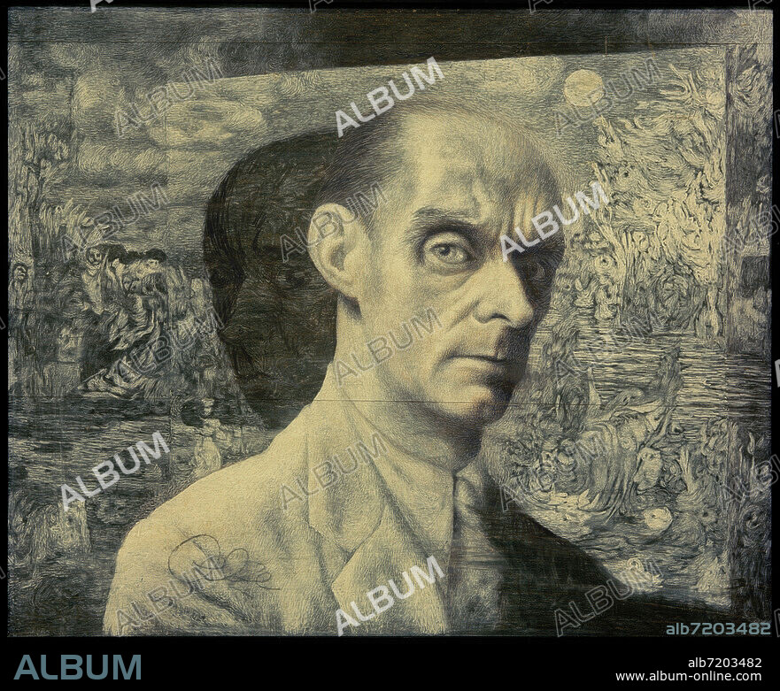 RICHARD OELZE. Ölze, Richard 1900-1980. "Selbstbildnis vor Landschaft", um 1947/48. Mischtechnik auf Holz, 51 × 61 cm. Worpswede, Worpsweder Kunsthalle, Kunststiftung Friedrich Netzel.