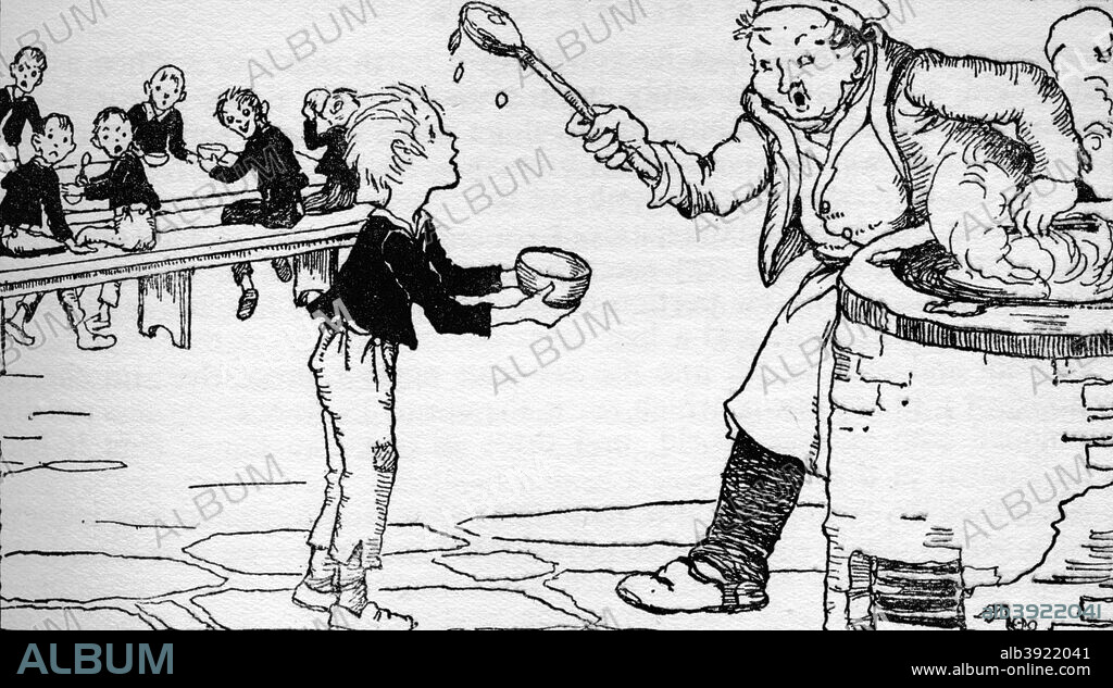 'Oliver Asks For More', 1937. Scene from Oliver Twist by Charles Dickens, 1871. Oliver Twist causes a sensation in the children's ward of the workhouse by asking for a second helping of porridge. In the background his starving companions polish their bowls and spoons in their hunger. From the Household Edition of The Adventures of Oliver Twist by Charles Dickens. (London, 1871). Originally published 1836-1837.