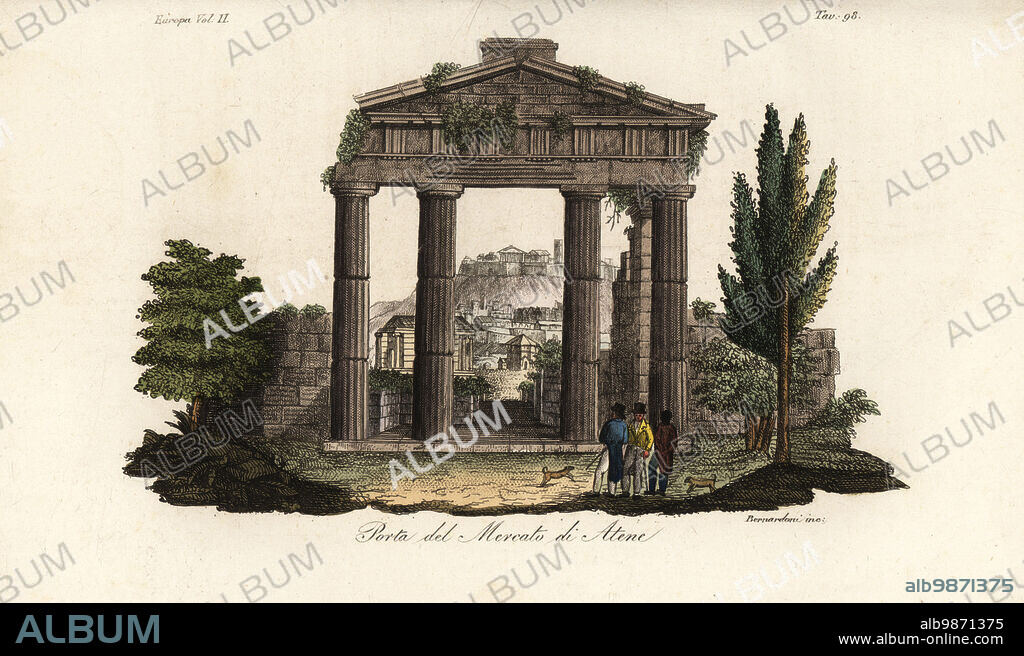 Ruins of the Gate of Athena Archegetis, at the Roman Agora or Roman Forum, Athens, Greece. Porta del Mercato di Atene. Handcoloured copperplate engraving by Bennardoni from Giulio Ferrarios Costumes Ancient and Modern of the Peoples of the World, Il Costume Antico e Moderno, Florence, 1826.