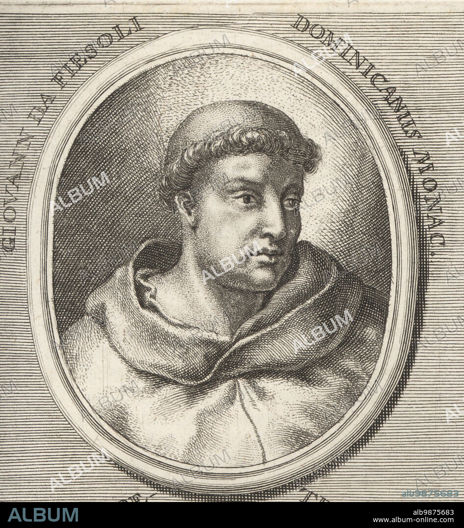 Fra Angelico, or Beato Angelico, Dominican friar and Italian painter of the Early Renaissance, c.1395-1455. Giovanni de Fiesoli Dominicanus Monac. Copperplate engraving after an illustration by Joachim von Sandrart from his LAcademia Todesca, della Architectura, Scultura & Pittura, oder Teutsche Academie, der Edlen Bau- Bild- und Mahlerey-Kunste, German Academy of Architecture, Sculpture and Painting, Jacob von Sandrart, Nuremberg, 1675.