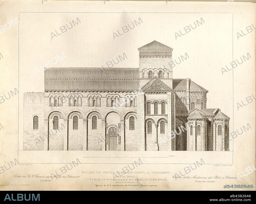Church of Notre-Dame-du-Port, Clermont, Notre-Dame-du-Port church in Clermont-Ferrand, signed: E. Viollet Leduc del, Lemaitre et Schaal sculp, Fig. 48, p. 169, Viollet-le-Duc, Eugène-Emmanuel (del.); Lemaître, Augustin François (sc.); Schaal, Louis Jacques Nicolas (sc.), 1853, Jules Gailhabaud: Monuments anciens et modernes: collection formant une histoire de l'architecture des différents peuples à toutes les époques. Paris: Librairie de Firmin Didot frères, 1853.