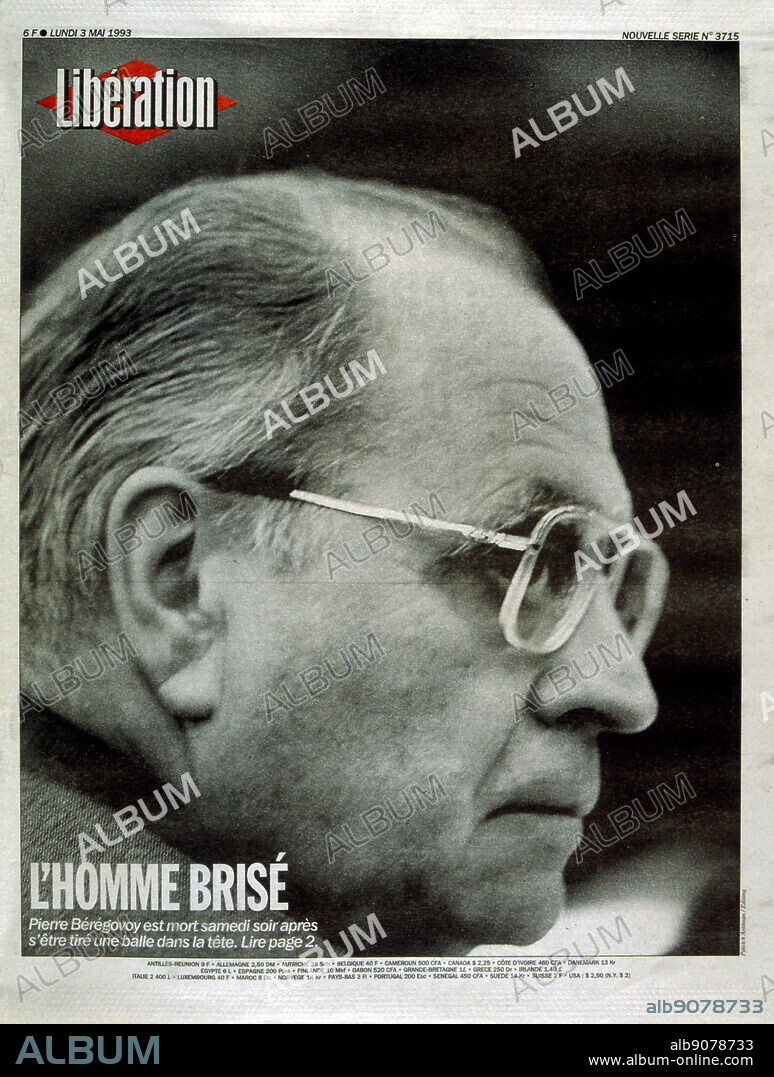 Cover of the French publication 'Liberation' after the suicide of Pierre Beregovoy, May 1993. Pierre Eugene Beregovoy (1925 - 1 May 1993) was a French politician who served as Prime Minister of France under President Francois Mitterrand from 2 April 1992 to 29 March 1993. He committed suicide. His successor as Prime Minister, Edouard Balladur, is seen leaving the funeral in Nevers.