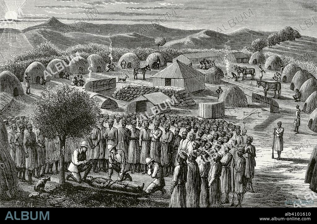 Africa Central. Entierro del fallecido en la hostil Turu (actual Tanzania). Vista del campamento de la expedición. Grabado. Africa Inexplorada, El Continente Misterioso, por Henry Morton Stanley, h. 1887. Biblioteca Histórico Militar de Barcelona, Cataluña, España.