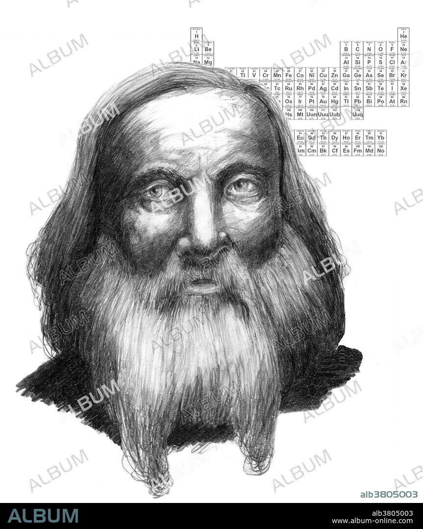Illustration of Dmitry Ivanovich Mendeleyev (1834-1907), Russian chemist. Mendeleyev (or Mendeleev) was initially an indifferent student, but left college at the top of his class. After attending the 1st Karlsruhe Congress (1860), Mendelayev worked on organizing trends in atomic weights and valency. From this, he developed the first true periodic table of the elements (final version published in 1871). This contained some gaps, but as new elements were discovered to have the properties predicted by the table, Mendeleyev became famous worldwide.