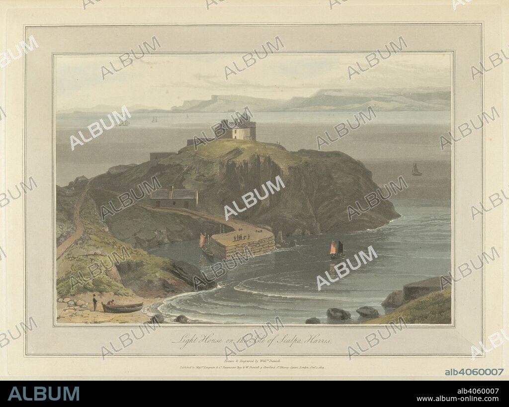 WILLIAM DANIELL and RICHARD AYTON. Lighthouse on the Isle of Scalpa - Harris  Coastal landscape scenes around Great Britain. A Voyage round Great Britain undertaken in the summer of the year 1813. With a series of views illustrative of the character and prominent features of the coast, drawn and engraved by William Daniell. Longman: London, 1814-25. Source: G.7044 plate 116. Language: English.