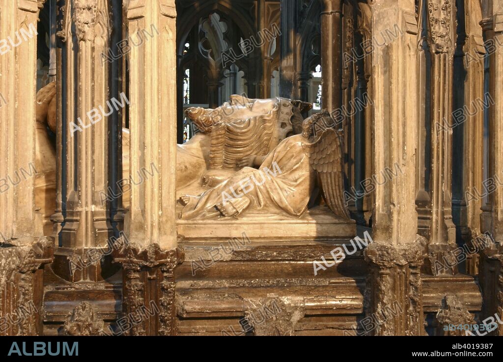 Tomb of Edward II, Gloucester Cathedral, Gloucestershire. Edward (1284-1327) ruled from 1307 until he was deposed by his wife, Isabella of France, and Roger Mortimer, Earl of March, in January 1327. He is thought to have been murdered by agents of Isabella and Roger later that year, possibly by having a red-hot piece of metal inserted into his rectum. This would have penetrated the entrails without leaving an exterior mark. His monument was erected soon after his death.