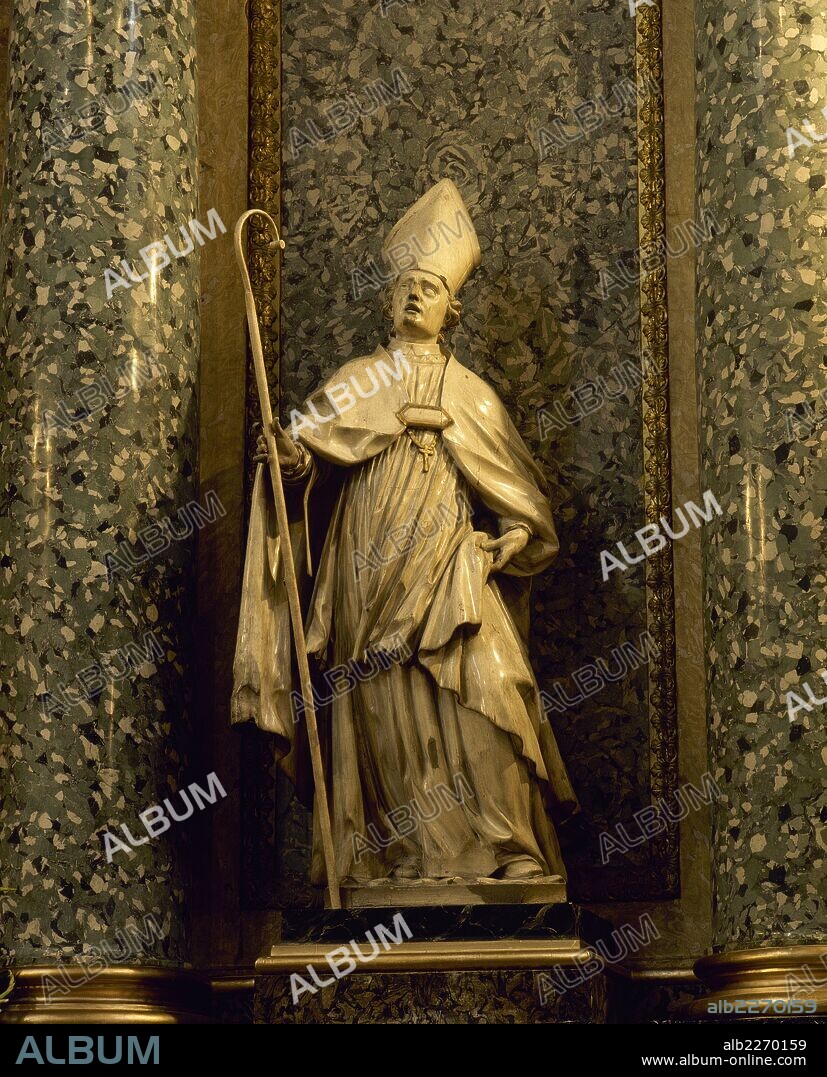 ILDEFONSO, San (siglo VII). Arzobispo de Toledo. IMAGEN DE SAN ILDEFONSO en el altar mayor de la IGLESIA DE SANTA MARIA LA MAYOR (siglo XVI). COCA. Provincia de Segovia. Castilla-León. España.