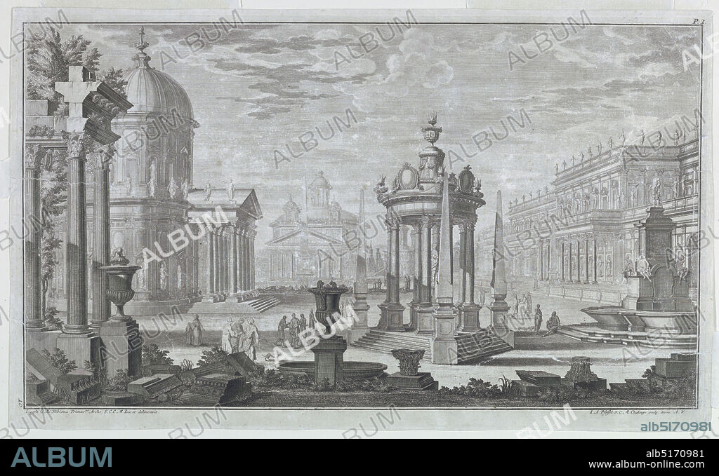 A 'Forum', Johann Andréas Pfeffel, German, 16741748, Giuseppe Galli Bibiena, Italian, 16961756, Engraving on paper, Plate 10 of the first part of the 'Architetture e Prospettive,' published by Joh. Andreas Pfeffel (1674-1748)., Italy, 1740, architecture, Print, Print.