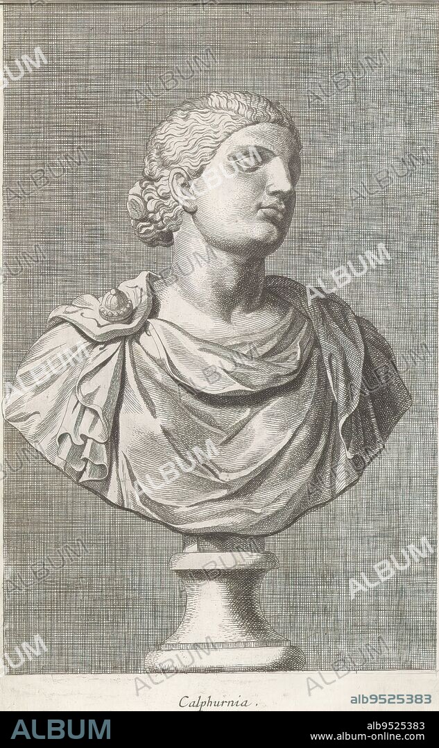 Bust of Calpurnia Pisonis, Calphurnia (title on object), Classical bust of a woman. The print is part of an album containing a series of prints after sculptures in the collection of Gerard Reynst., print maker: Hubert Quellinus, print maker: Gerard de Lairesse, (rejected attribution), Antwerp, 1646 - 1670, paper, engraving, height 327 mm × width 197 mm.