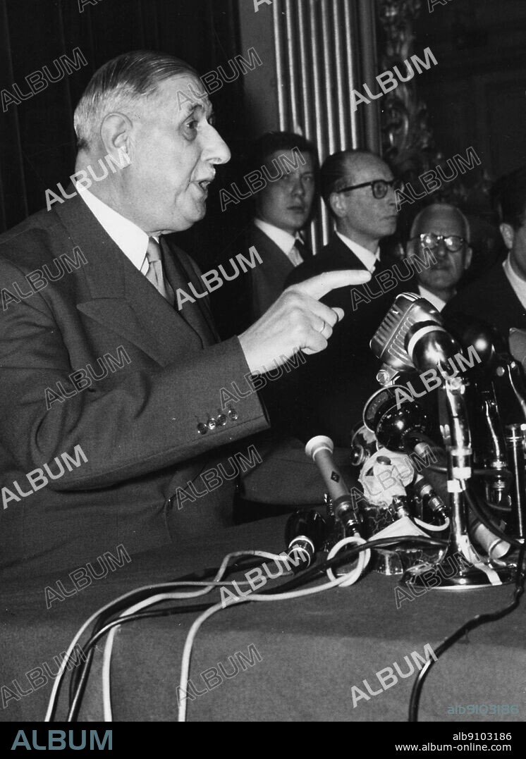 Aged 67, Charles de Gaulle speaks at a press conference in Paris. General de Gaulle declared that he was ready to take control of the government. 20th May 1958.