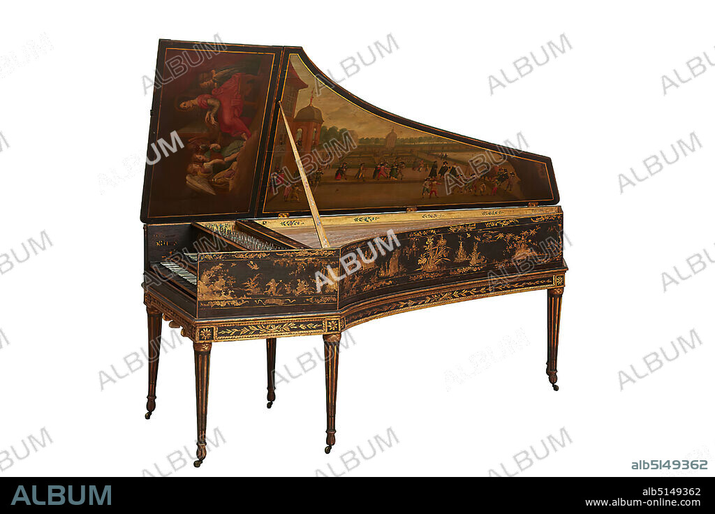 Pascal Taskin, harpsichord, wood, bones, div. wood, bone, gold and silver paint, gouache and oil paint, metal, string wire, leather, felt, part (body): length: 2262 mm; width: 964 mm; height: 296 mm; weight: 54.1 kg, engraving: on the soundpost REFAIT PAR PASCAL TASKIN A PARIS 1787, musical instruments, keyboard instruments, royal court; courtiers, entourage, tower, castle, palace, gardens and parks, making music, dance (at festivities), ornaments, cupids, putti, Louis XVI, The instruments of harpsichord maker Pascal Taskin represent a highlight of French harpsichord making in the second half of the 18th century. Century. This two-manual instrument pretends to be the reconstruction of an old Dutch instrument from the famous workshop of the Flemish Ruckers family. Their harpsichords were particularly precious. The Dutch scene of the 17th century, which shows the lid painting, is supposed to prove this origin among other details. In contrast, the fine chinoiseries in gold and silver on the outer surfaces of the harpsichord are very much in keeping with contemporary taste.