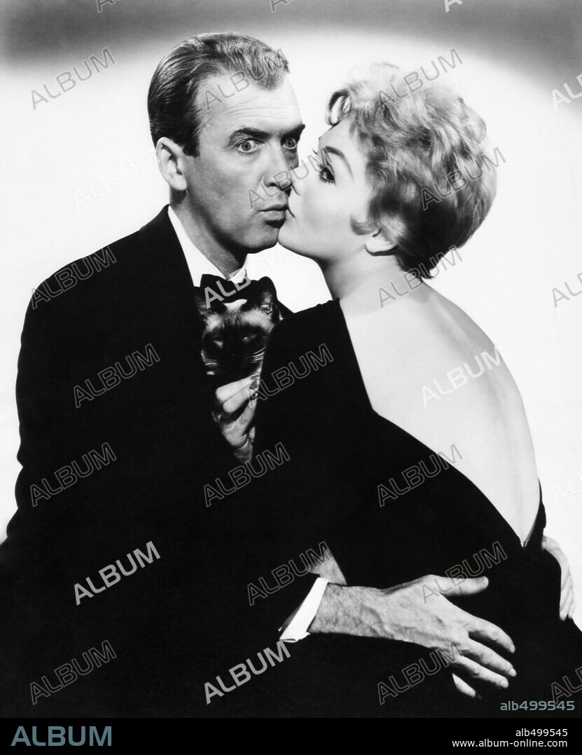 JAMES STEWART and KIM NOVAK in BELL BOOK AND CANDLE, 1958, directed by RICHARD QUINE. Copyright COLUMBIA PICTURES.