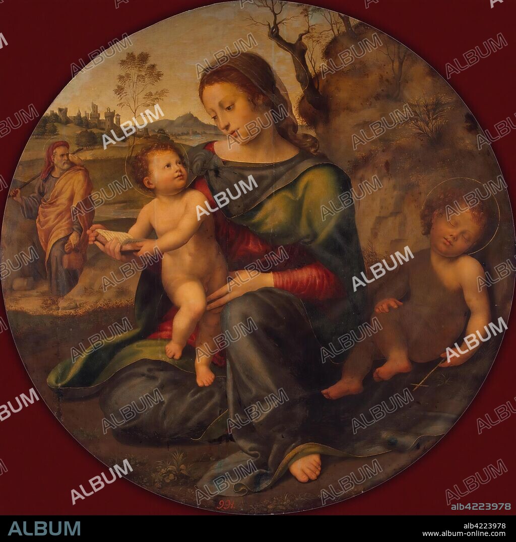 GIULIO DI PIETRO DI SIMONE BUGIARDINI. 'Holy Family with St John the Baptist'. Italy, Circa 1520. Dimensions: diameter 89 cm.