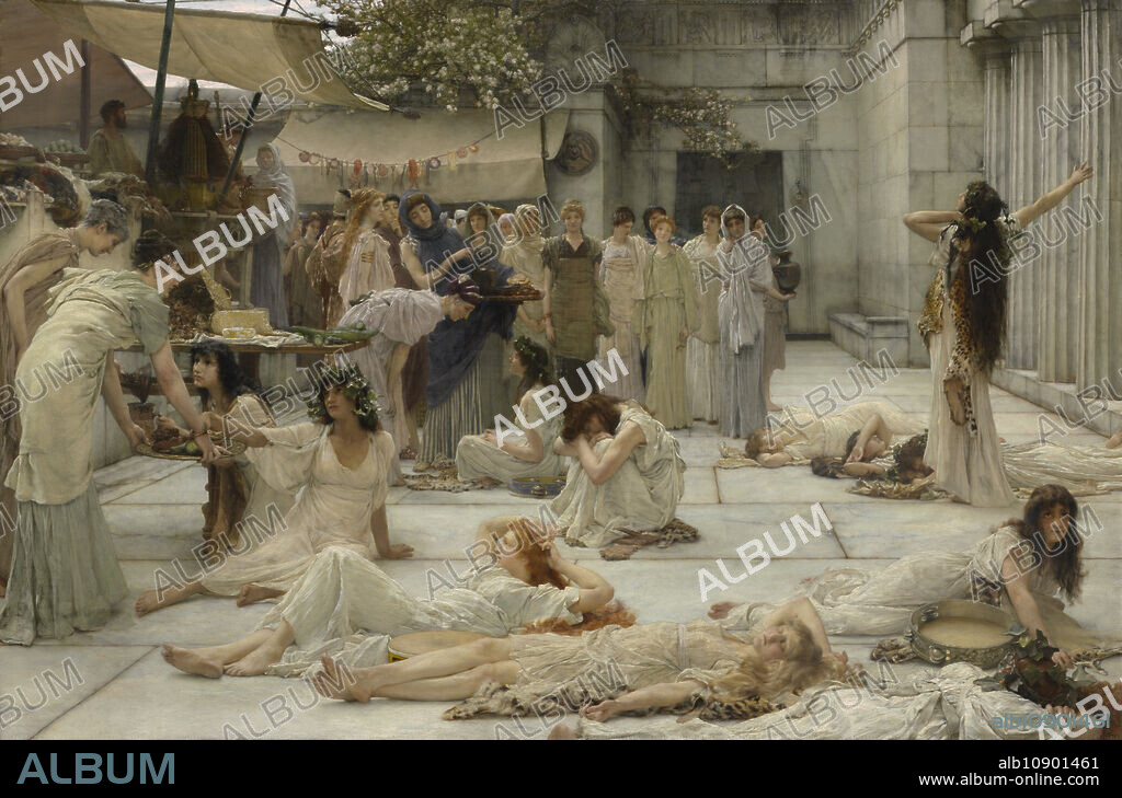 SIR LAWRENCE ALMA-TADEMA. The Women Of Amphissa, 1887. Followers of Bacchus, the god of wine, awaken in the marketplace of Amphissa, Greece, where they have wandered from their home in Phocis during a night of ritual dancing. Amphissa and Phocis are at war, but the women of Amphissa graciously offer the bacchantes nourishment and protection. The painting illustrates an event recorded by the Greek historian Plutarch, which Alma-Tadema staged as a lesson in charity for his Victorian audience.
