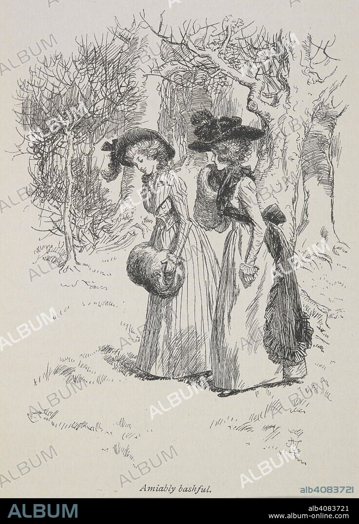 'Amiably bashful.' Elinor Dashwood and Lucy Steele having a conversation. Sense and sensibility / by Jane Austen; with an introduction by Austin Dobson; illustrated by Hugh Thomson. London : Macmillan and Co., 1896. Source: 012624.g.5 opposite page 114.