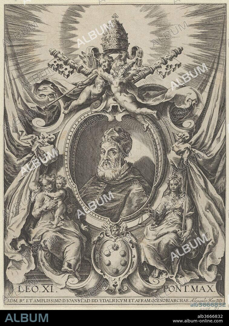 Portrait of Pope Leo X in a decorative border. Artist: Alexander Mair (German, 1559-ca. 1620); After (?) Cherubino Alberti (Zaccaria Mattia) (Italian, Borgo Sansepolcro 1553-1615 Rome). Dimensions: Sheet: 7 1/2 × 10 3/16 in. (19 × 25.8 cm). Date: 1575-1620.