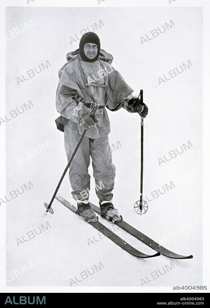 Captain Scott, British polar explorer, in the Antarctic, 1911. Scott (1868-1912) on skis during the 'Terra Nova' expedition (1910-1913) to the South Pole. Scott and four companions reached the Pole on 17 January 1912, only to find that the Norwegian expedition under Amundsen had beaten them to their objective by a month. Delayed on their return by blizzards and running out of supplies, Scott and his team died at the end of March. Their bodies and diaries were found eight months later.
