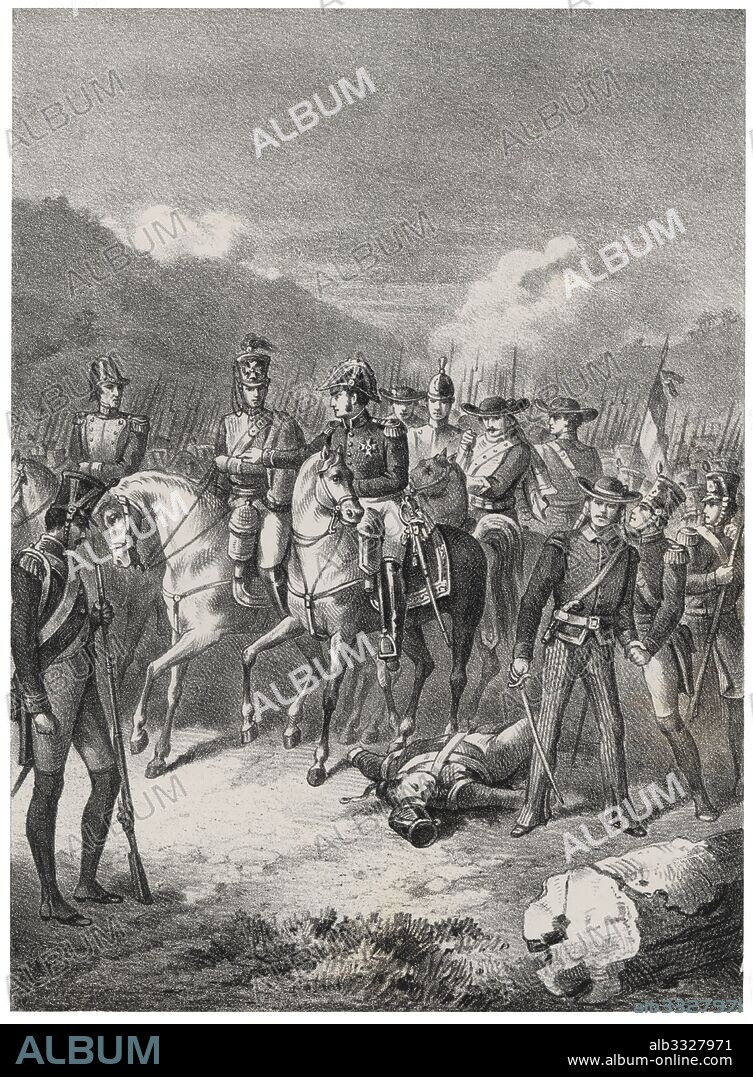 Historia de España. Batalla de Ayacucho 9 de diciembre de 1824, último gran enfrentamiento de las guerras de independencia hispanoamericanas significando el final definitivo del dominio administrativo español en América del Sur. Se enfrentaron las fuerzas del virrey de Perú y las colombianas. Grabado de 1880.